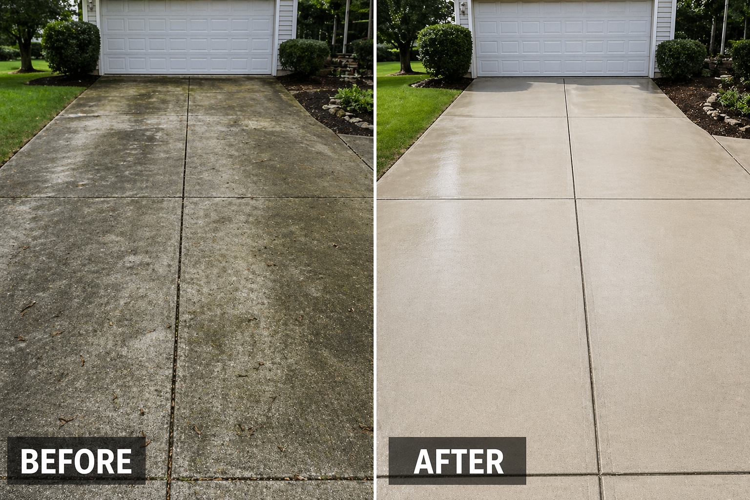 Concrete driveway before and after pressure washing