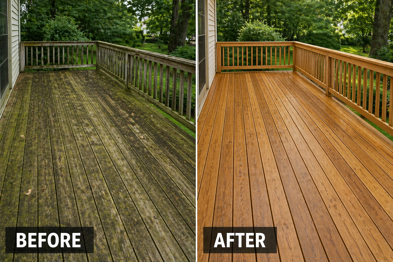 Wood deck before and after pressure washing